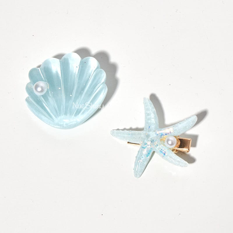 Mini Blue Shell Pearl Starfish Hair Clip Set丨NueShiny