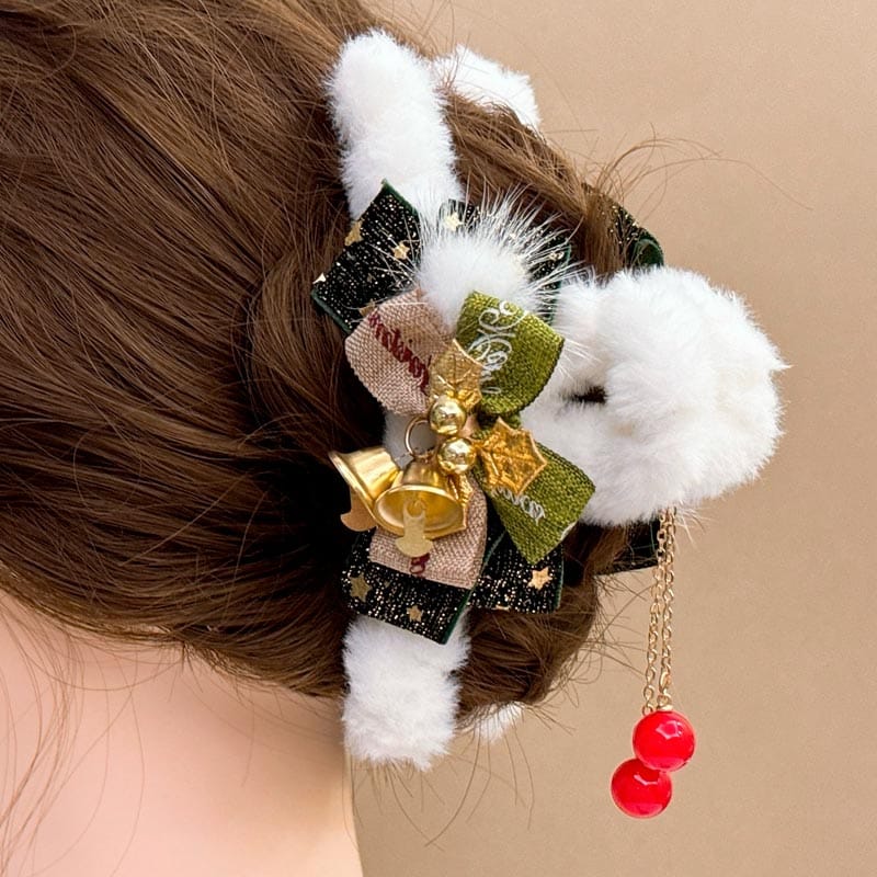 Jumbo Green Christmas Bells And Bows Hair Claw Clips | NueShiny