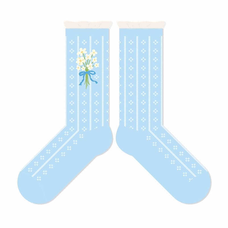 Blue Socks with White Floral Bouquet Print | NueShiny