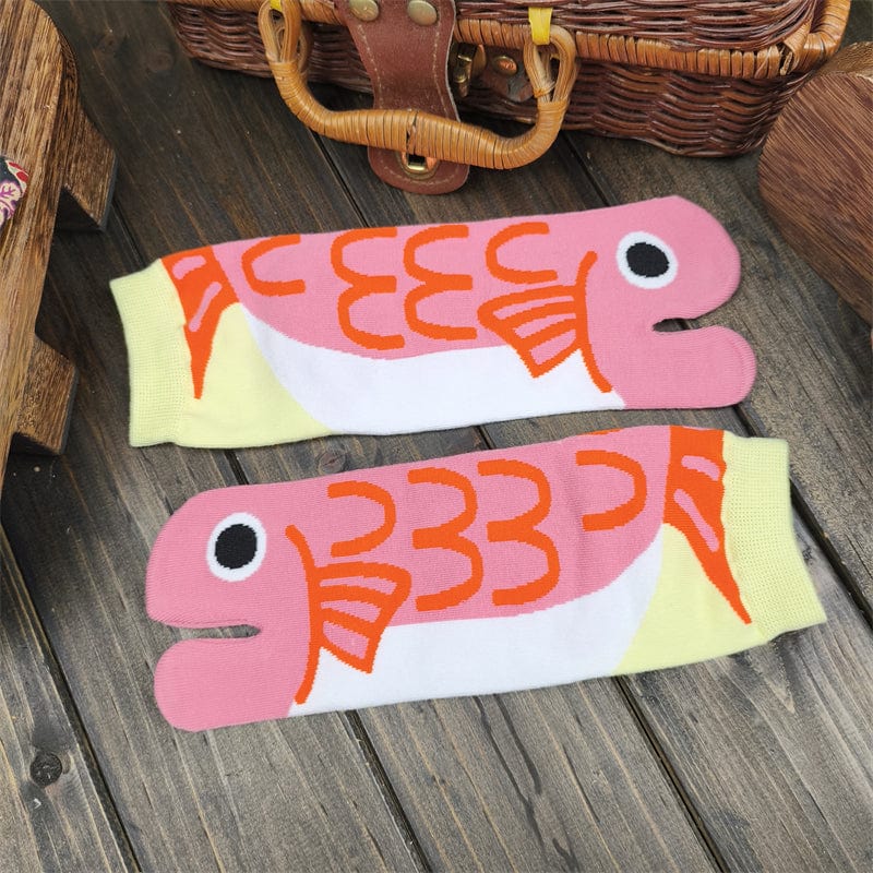 One Pair Of Pink & Yellow Fish Two-Toe Grip Socks | NueShiny