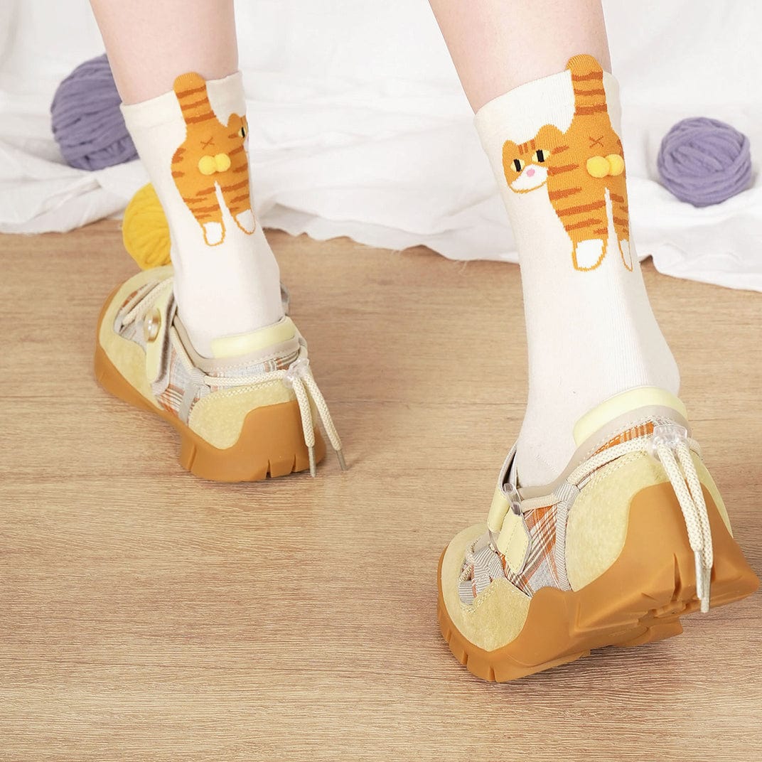 White Socks with 3D Orange Cat Design | NueShiny