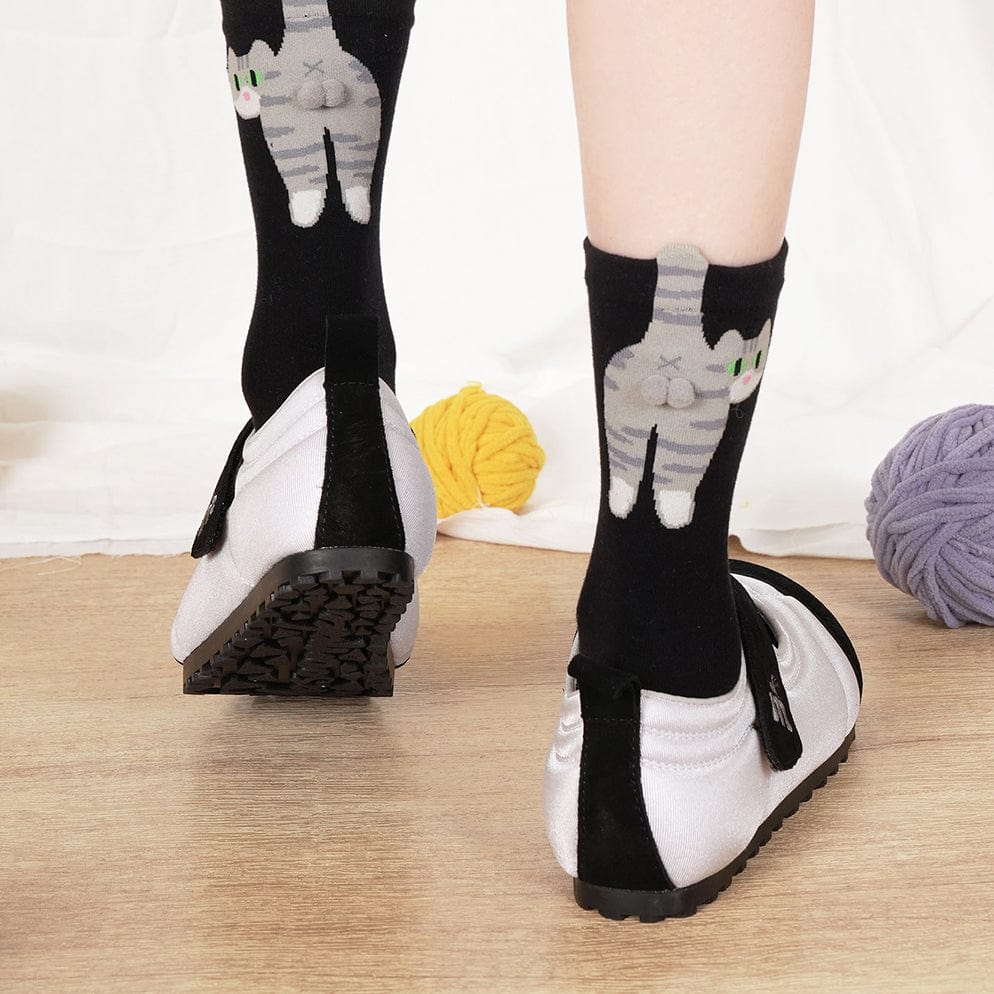 Black Socks with 3D Tabby Cat Design | NueShiny