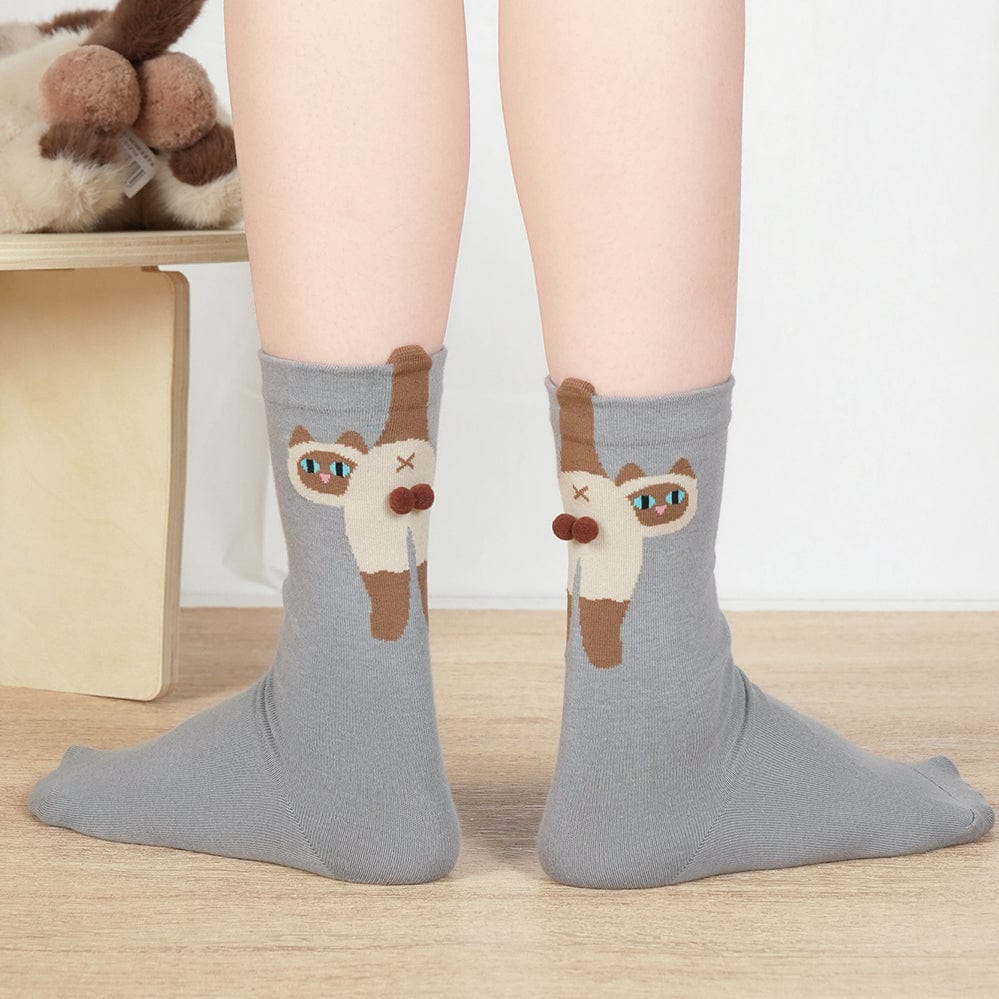 Gray Socks with 3D Siamese Cat Design | NueShiny