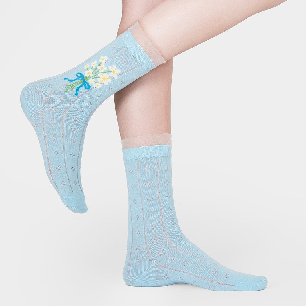 Blue Socks with White Floral Bouquet Print | NueShiny