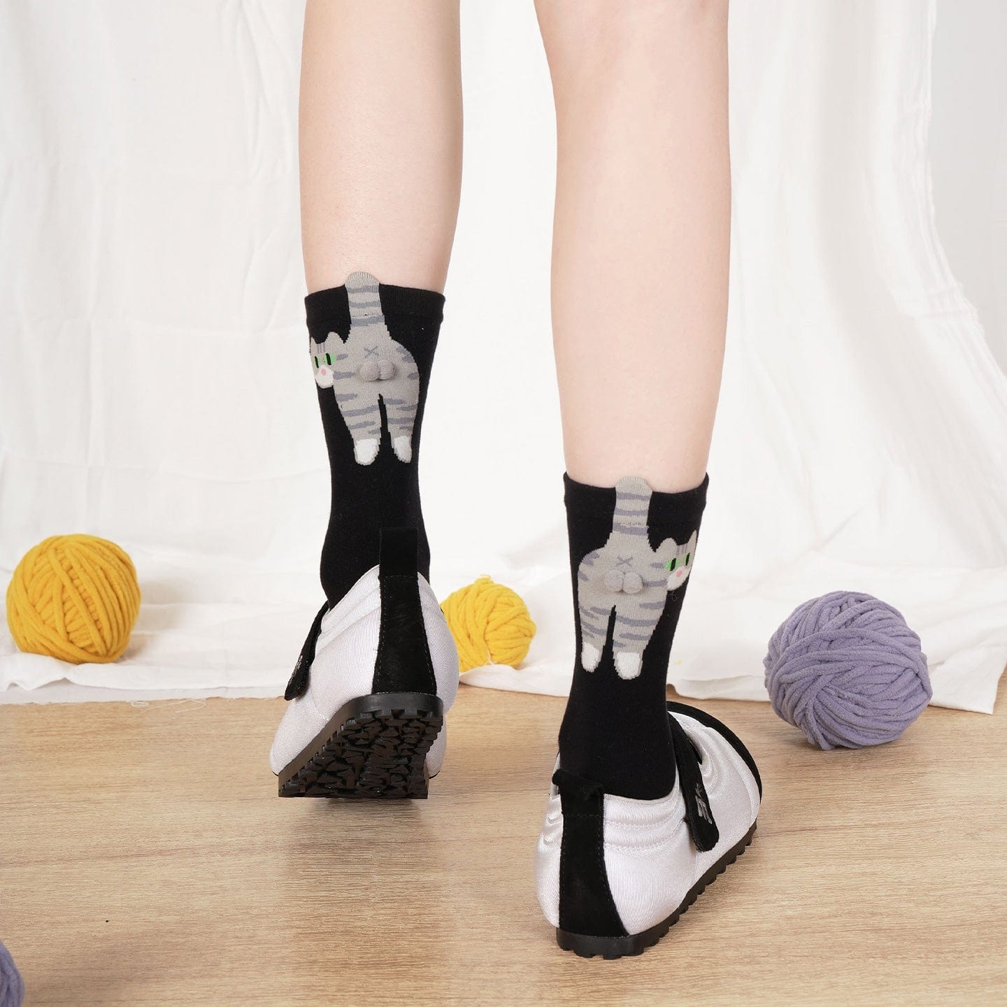 Black Socks with 3D Tabby Cat Design | NueShiny