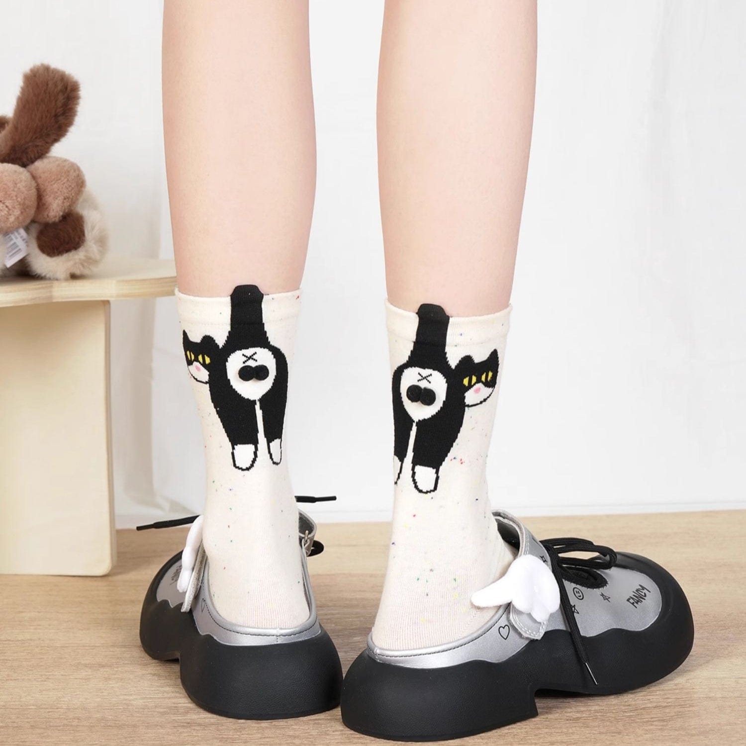 Speckled White Socks with 3D Cow Cat Design | NueShiny