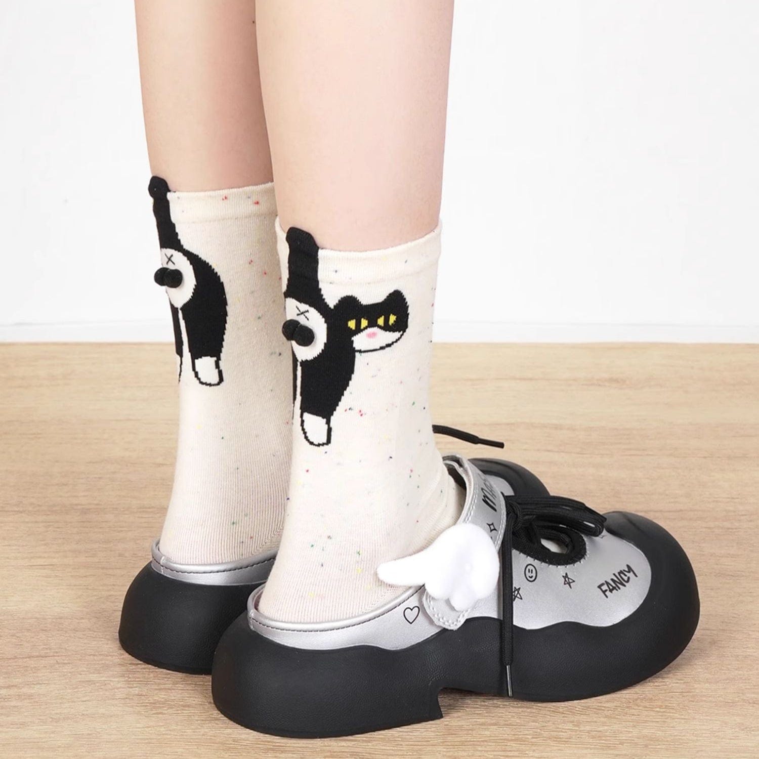 Speckled White Socks with 3D Cow Cat Design | NueShiny