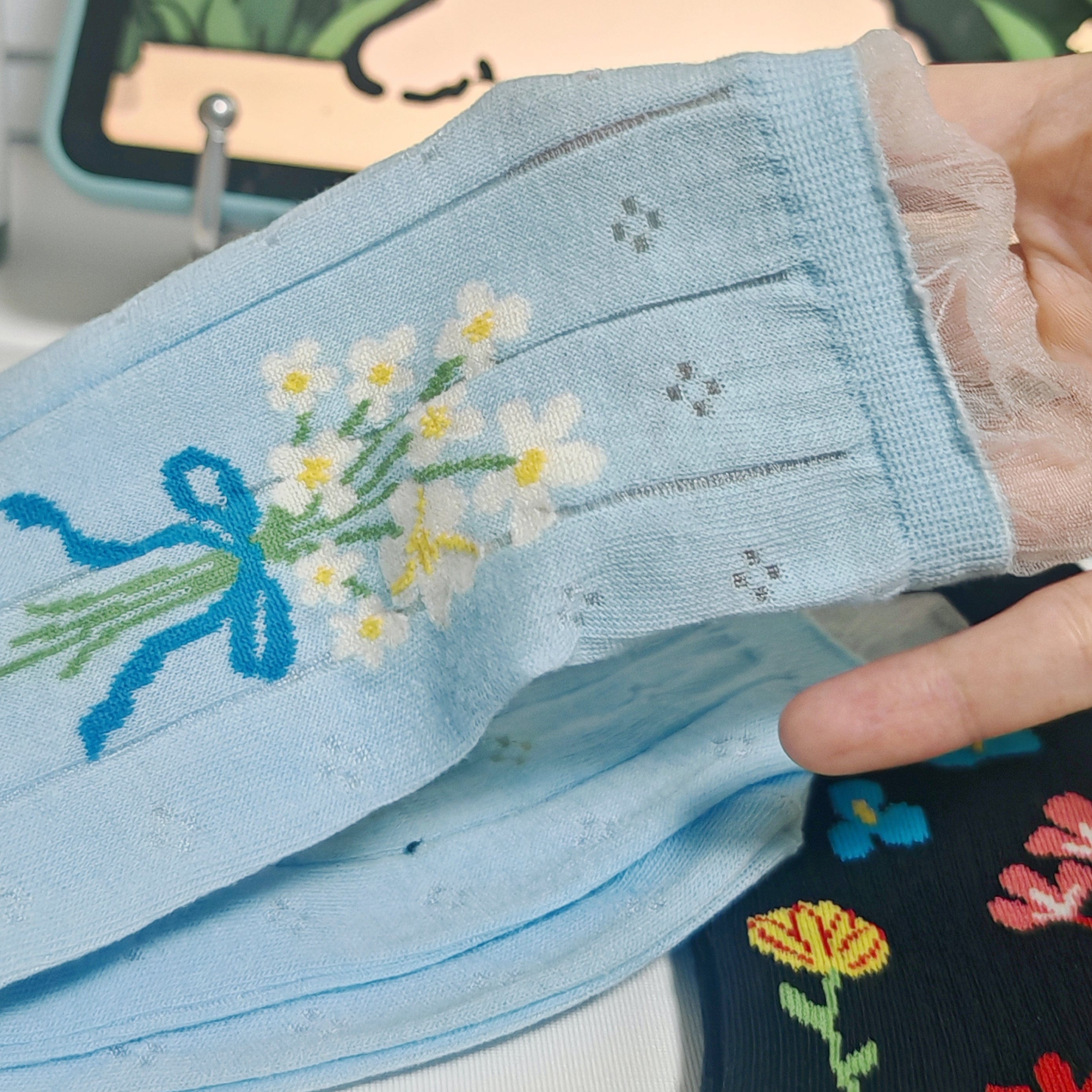 Blue Socks with White Floral Bouquet Print | NueShiny