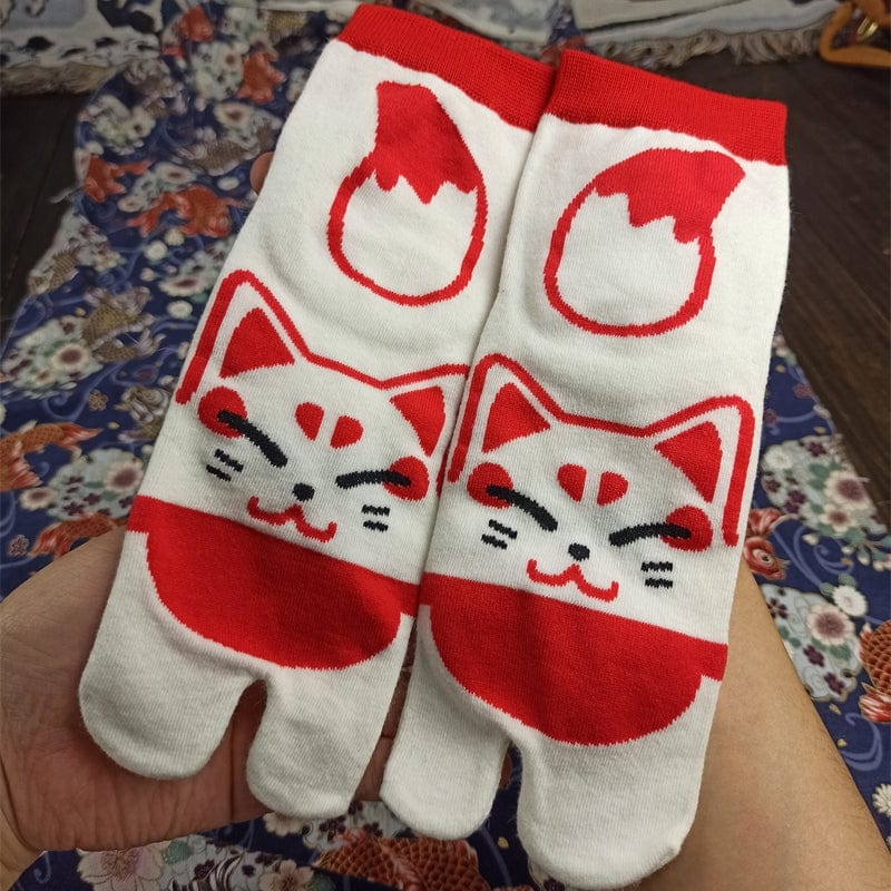 One Pair Of Red & White Fox Two-Toe Grip Socks | NueShiny
