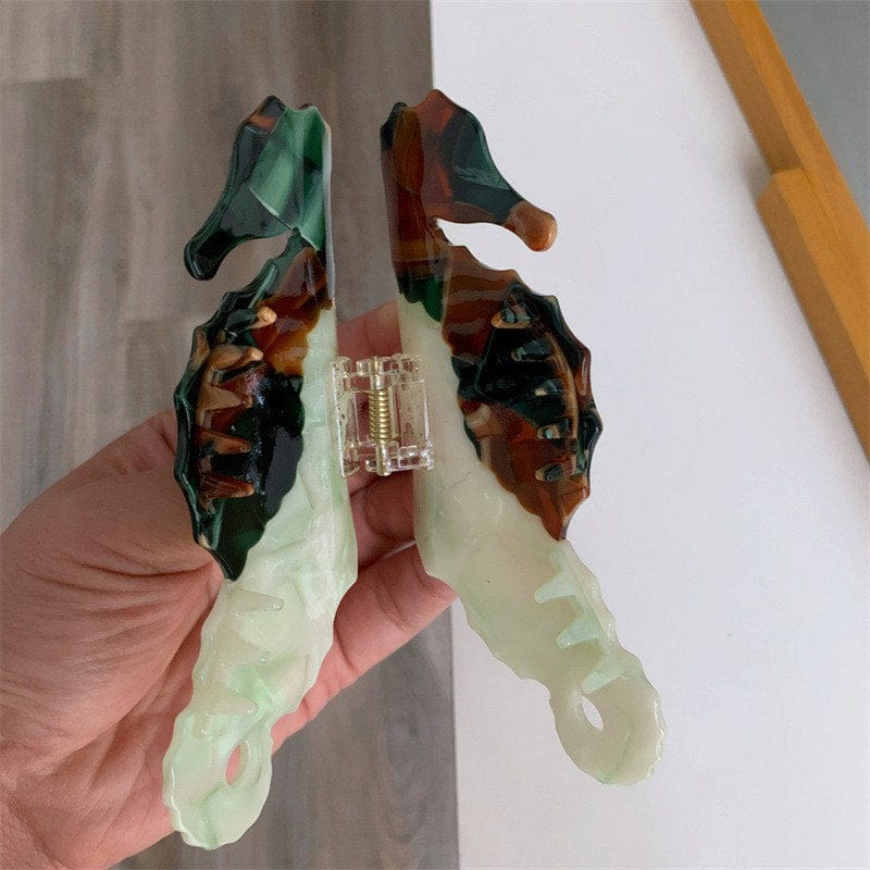 Jumbo Light green + blue double seahorse Hair Claw NueShiny