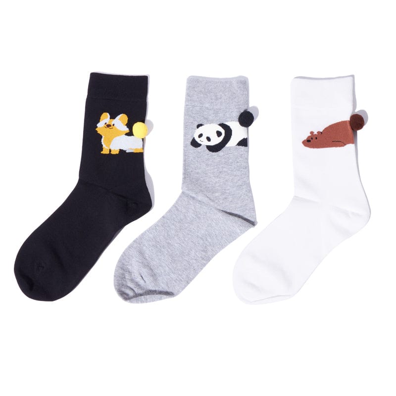 3-Pack Animal Crew Socks - Bear+Panda+Corgi Collection | NueShiny