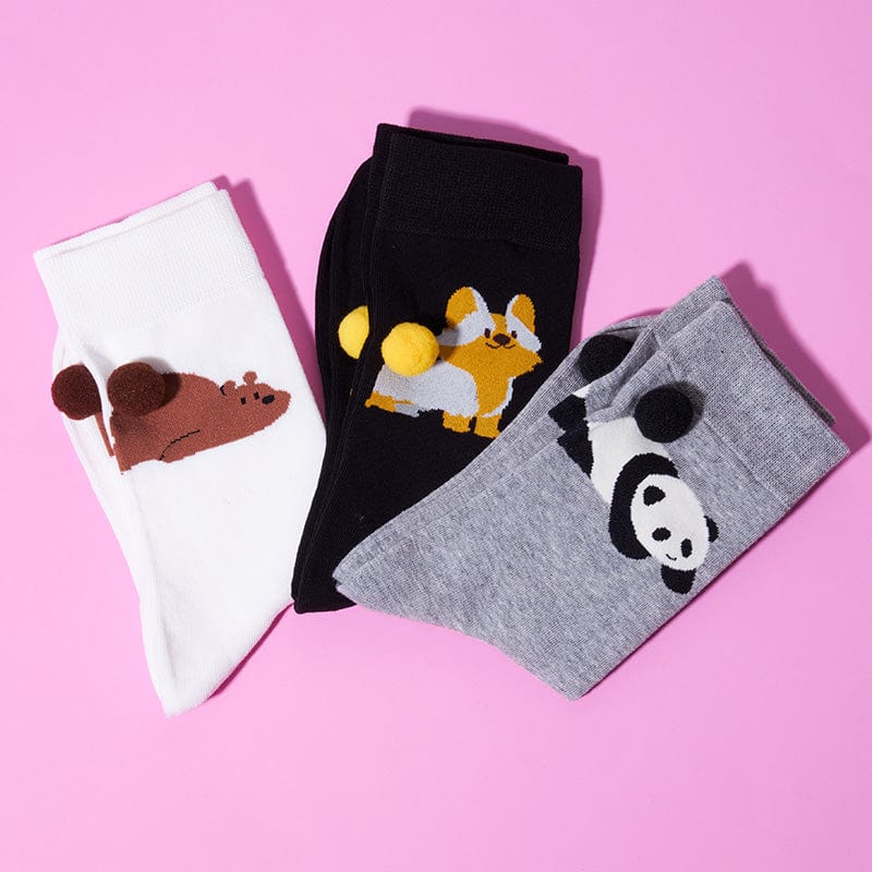 3-Pack Animal Crew Socks - Bear+Panda+Corgi Collection | NueShiny
