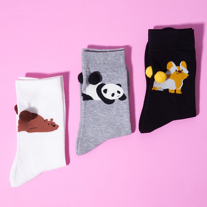 3-Pack Animal Crew Socks - Bear+Panda+Corgi Collection | NueShiny