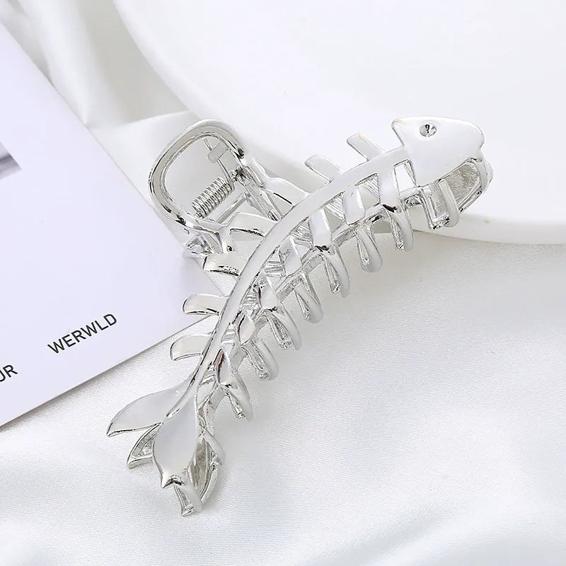 Silver Fish Bone Hair Claw Clip - Vintage Zinc Alloy Metal Hair Clip for Women  NueShiny