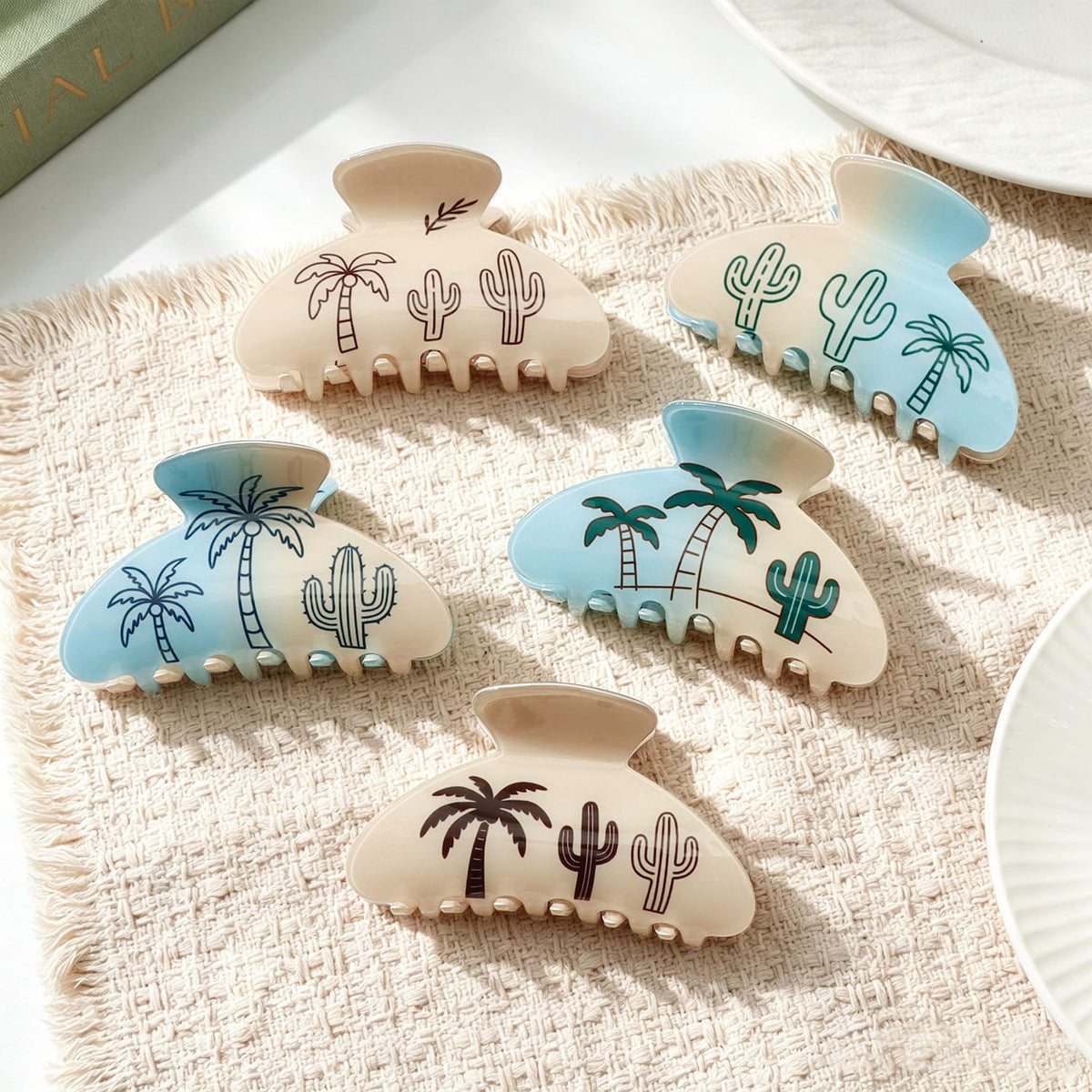 Tropical Palm Tree & Cactus Hair Clip - Light Blue PVC Hair Claw for Women & Girls  NueShiny