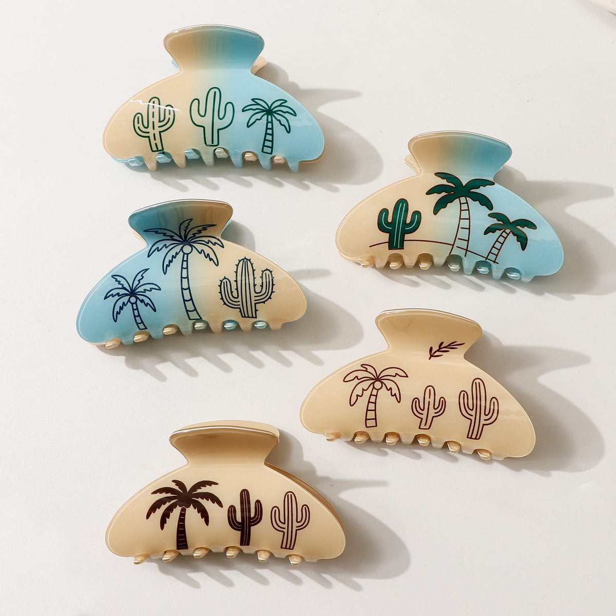 Tropical Palm Tree & Cactus Hair Clip - Light Blue PVC Hair Claw for Women & Girls  NueShiny